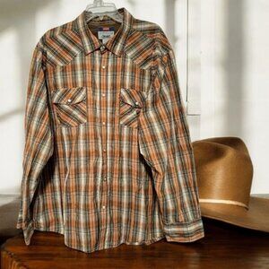 2XL👔Levi's Western Brown&Orange&Tan Plaid Button Down Shirt